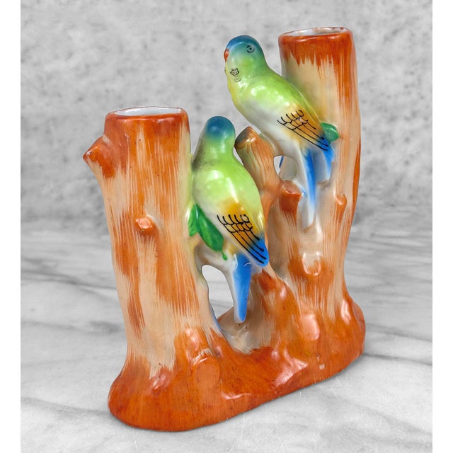 Mid 20th Century Vintage Art Deco Ceramic Parakeet Bird Double Stem Bud Vase For Sale - Image 5 of 9