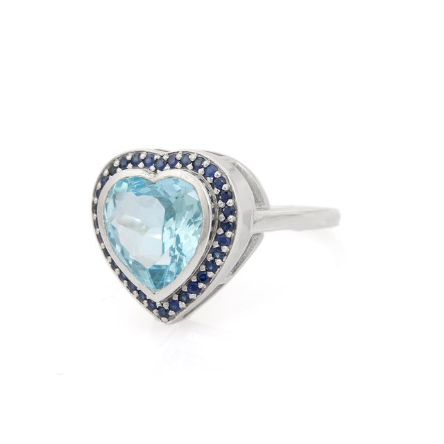 Boho Chic 925 Silver Heart Shaped Blue Topaz and Sapphire Halo Promise Ring for Girlfriend Size 7 For Sale - Image 3 of 6