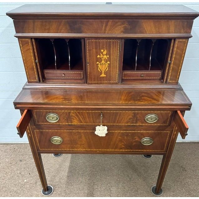 Mid 20th Century Beautiful Inlaid Mahogany and Flame Mahogany Tambour Desk For Sale - Image 10 of 13