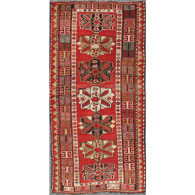 Red Antique Kazak Runner With Seven Medallions and Tribal Design in Red Background For Sale - Image 8 of 8