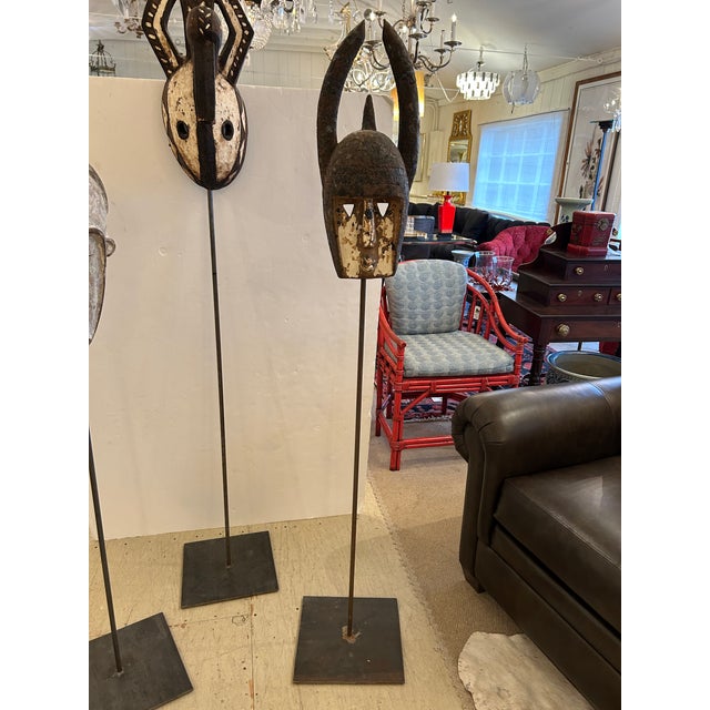 Wood Collection of African Carved Wood Masks on Tall Custom Iron Stands For Sale - Image 7 of 16