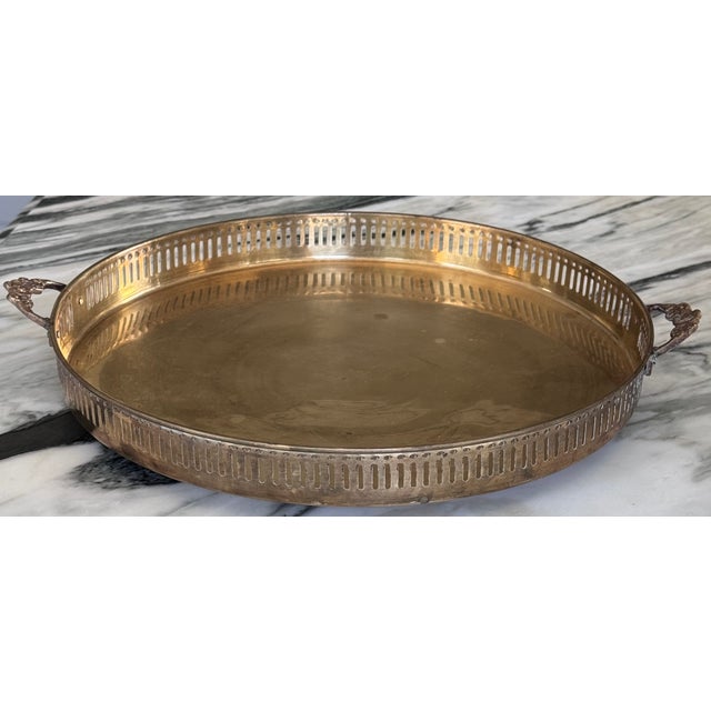Made in India Solid Brass Round Tray With Floral Motif Handles, Polished For Sale - Image 17 of 17