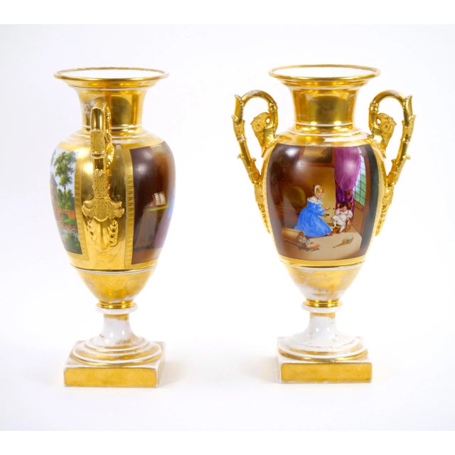 Pair 19th Century Paris Porcelain Vases With Gilt / Hand-Painted Decorations For Sale - Image 12 of 12