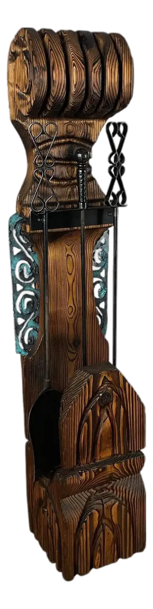 Witco Tiki Mid Century Wood Carved Fireplace Tool Set With Brutalist Accent