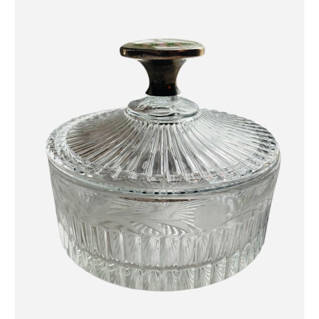 Art Deco Antique Heisey Glass Vanity Jar With a Sterling Enameled Handle, 1920s For Sale - Image 3 of 10