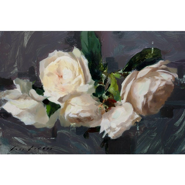 "Roses I" is an oil on panel painting by Jon Doran, completed in 2026. White roses are laid across a grey background in...