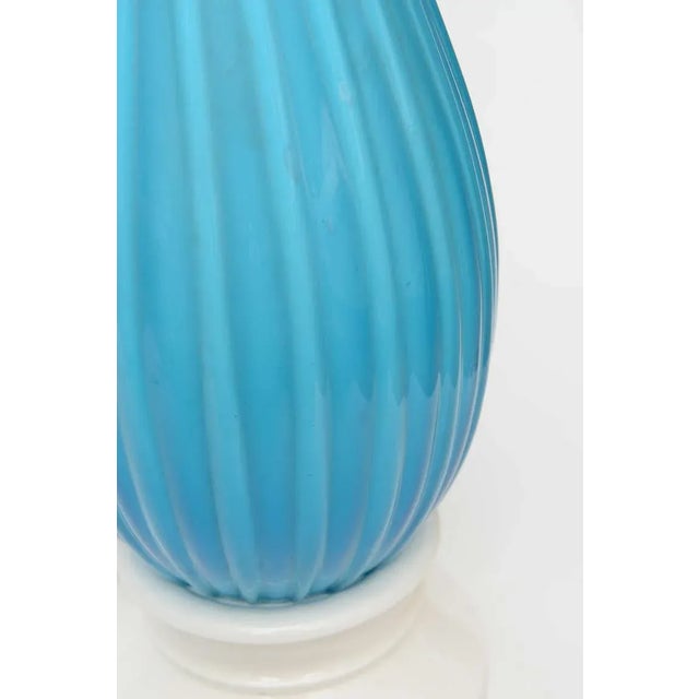 Turquoise Vintage Murano Marbro Lamp Co. Turquoise Caribbean Sky Blue Ribbed Glass, Nickel Silver and Wood Lamps Pair Of For Sale - Image 8 of 10