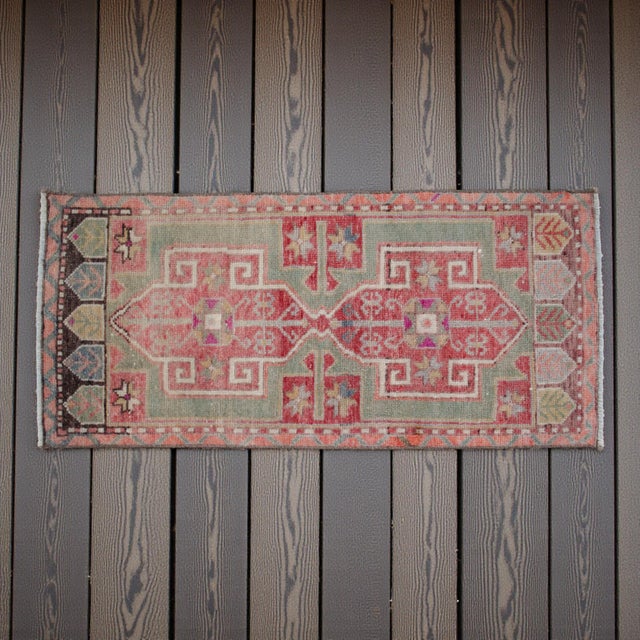 Farmhouse Hand-Knotted Turkish Petite Rug Low Pile Faded Colors DoorMat Yastik Rug - 20'' X 44'' For Sale - Image 3 of 13