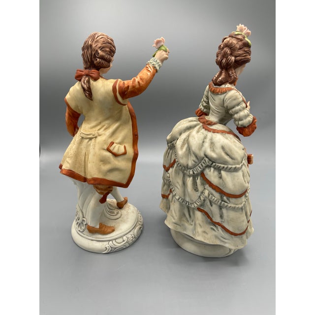 Rococo Vintage Andrea by Sadek Porcelain Courtship Couple Figurines in Blue and White, Pai For Sale - Image 3 of 9