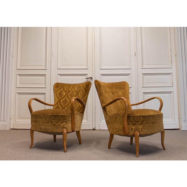 Beautiful pair of Danish lounge chairs designed by Alfred Christensen for Slagelse Møbelværk, dating from the 1940s. The...