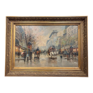 Mid-Century French Parisian Scene Oil on Canvas Painting in Carved Gilt Frame
