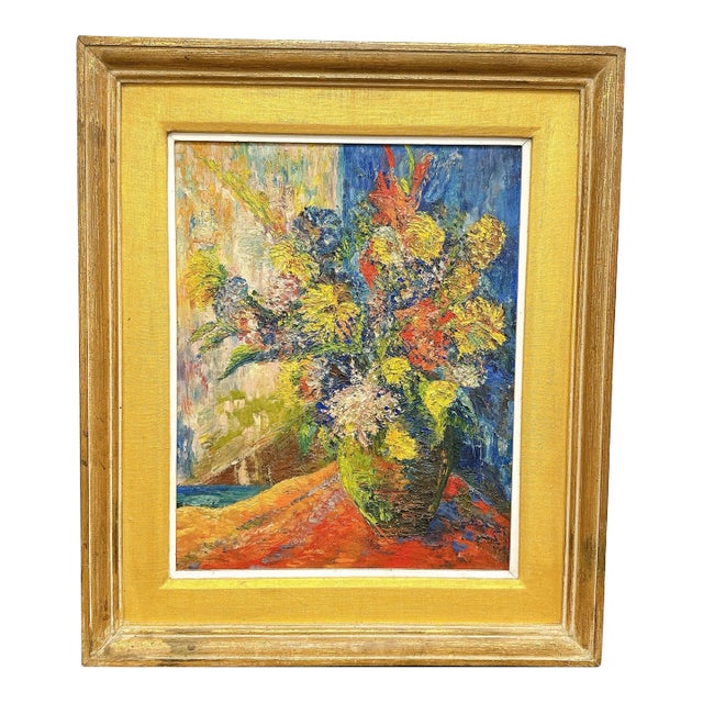Vintage Still Life of Flowers 1960s Mid Century Impressionist Art Professionally Framed Oil Painting 27.5” X 23” Signed Bert 1964 For Sale