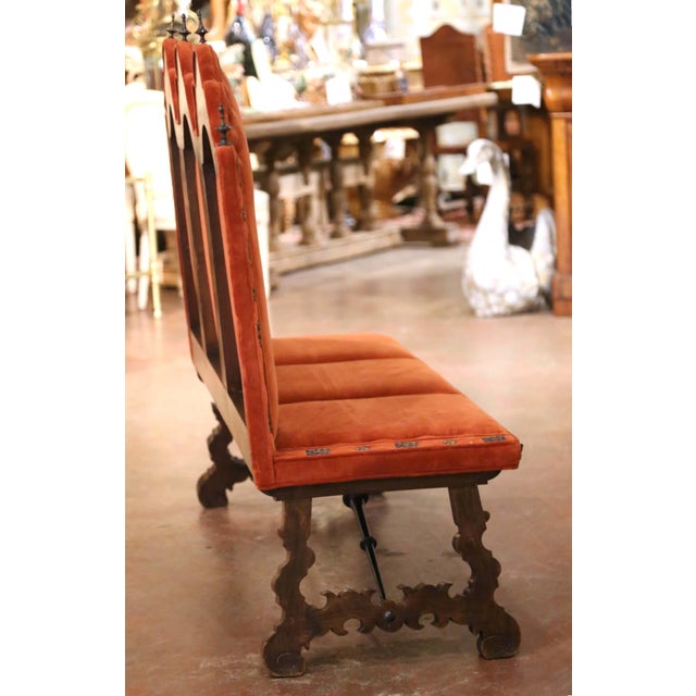 19th Century Spanish Renaissance Walnut and Velvet Three-Seat Bench For Sale - Image 10 of 12