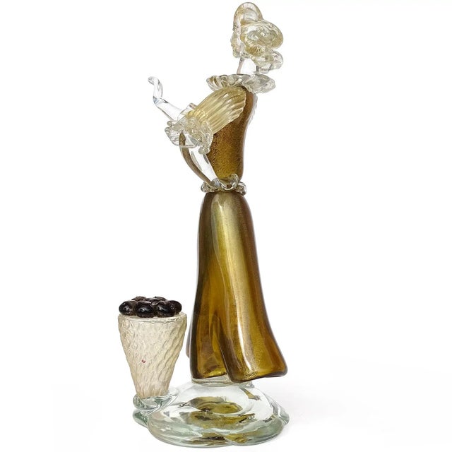 Beautiful and large, vintage Murano hand blown dark transparent amber / olive with gold flecks Italian art glass woman...