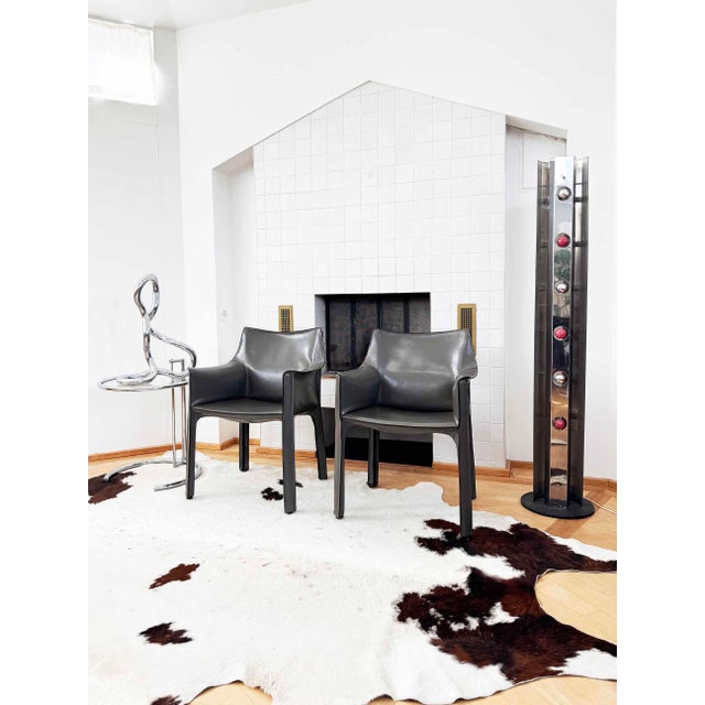 Metal 1980s Pair of Two 70s Cassina Cab 413 Armchairs Mario Bellini Elephant Grey / Gray For Sale - Image 7 of 11