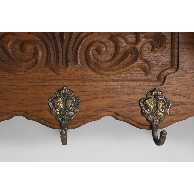 Brown Mid-Century Belgian Oak Wall-Mounted Coat Rack in the style of Bruegel, 1950s For Sale - Image 8 of 11
