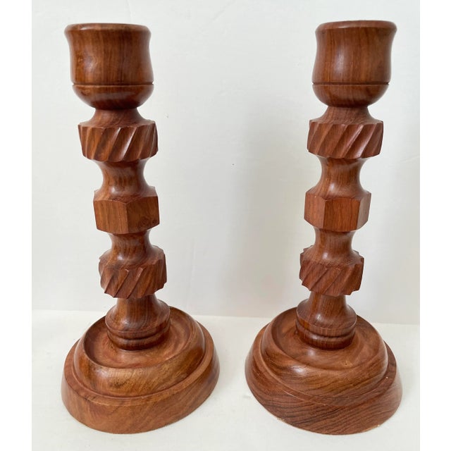 Mid 20th Century Vintage Turned Polished Wood Candlleholders, Assorted Sizes. Set of Seven For Sale - Image 5 of 8