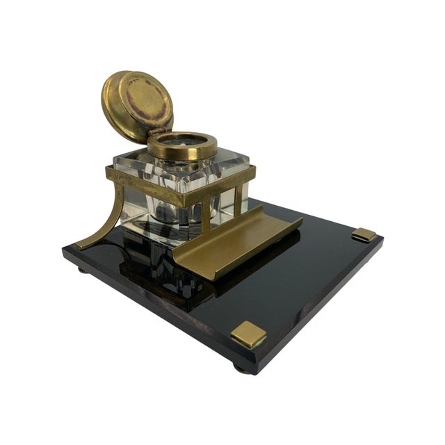 Art Deco Lacquered Desk Set with Brass Bound Bevelled Glass Inkwell, Set of 4 For Sale - Image 15 of 18