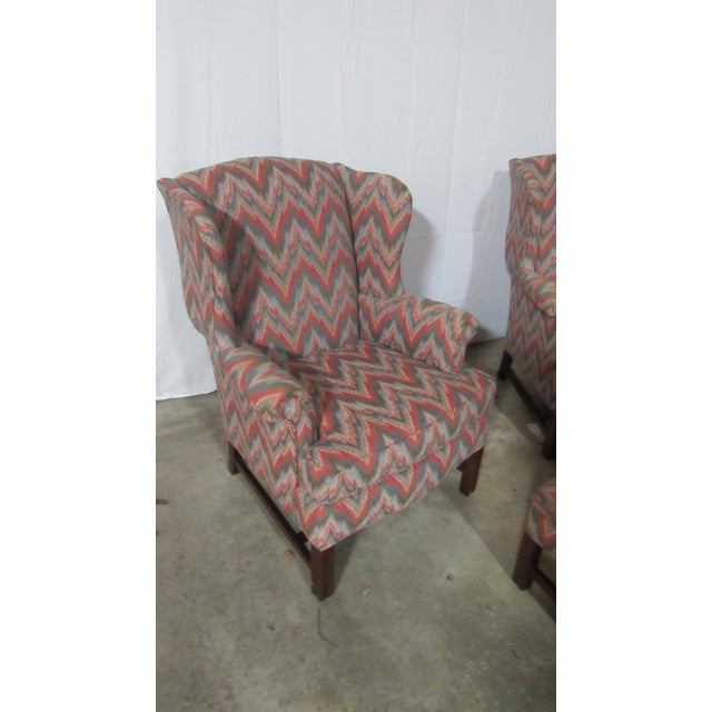Traditional 1980s Pair Key City Wingback Chairs Ottoman Designer For Sale - Image 3 of 7
