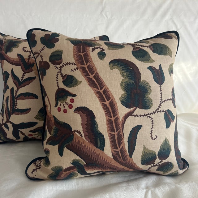 2020s Custom Designed 22” Claremont Tree of Life Linen Pillows With Mohair Velvet Welt Down Inserts - A Pair For Sale - Image 5 of 8