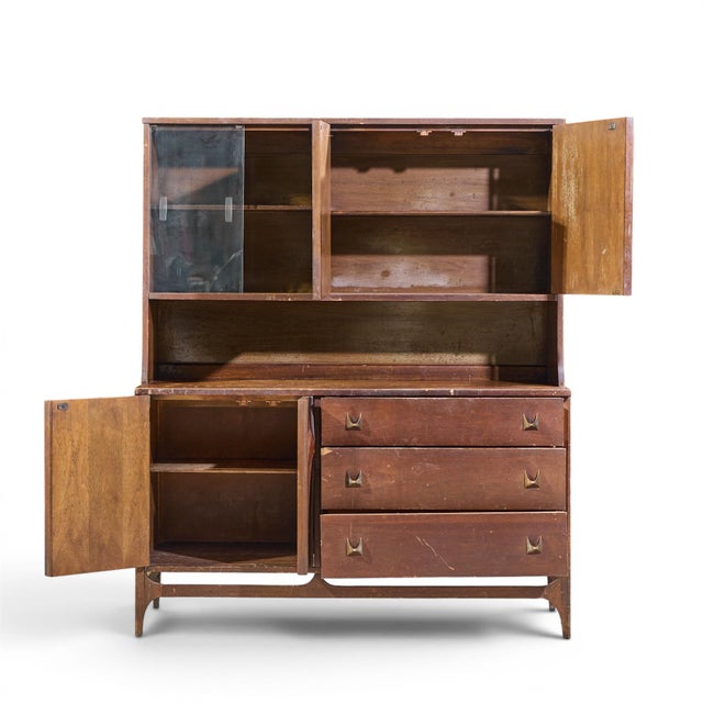 Broyhill Brasilia Mid Century Walnut and Brass Offset Credenza and Hutch For Sale - Image 12 of 13