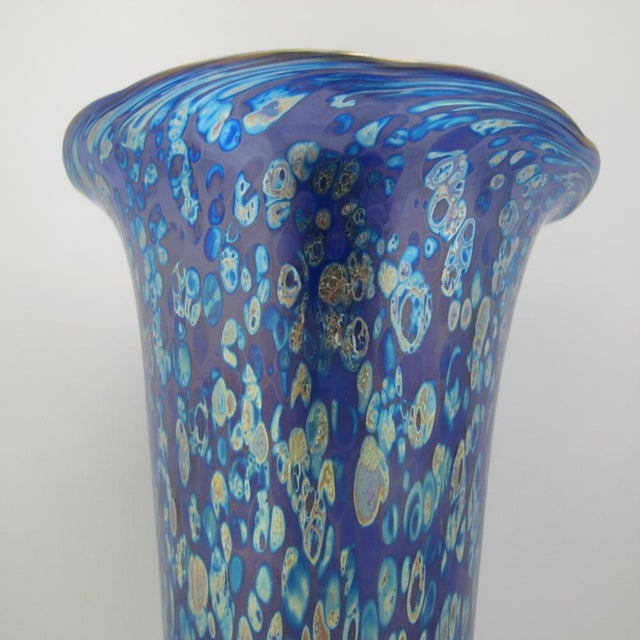 Late 20th Century Donald Carlson Iridescent Blue Splatter Studio Art Glass Trumpet Vase For Sale - Image 5 of 11