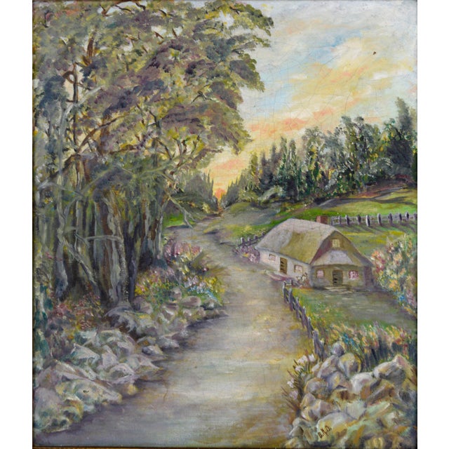 Country Cottage at Sunrise Cottage in the morning on a winding path by an unknown American artist. Circa 1930-40. Image...