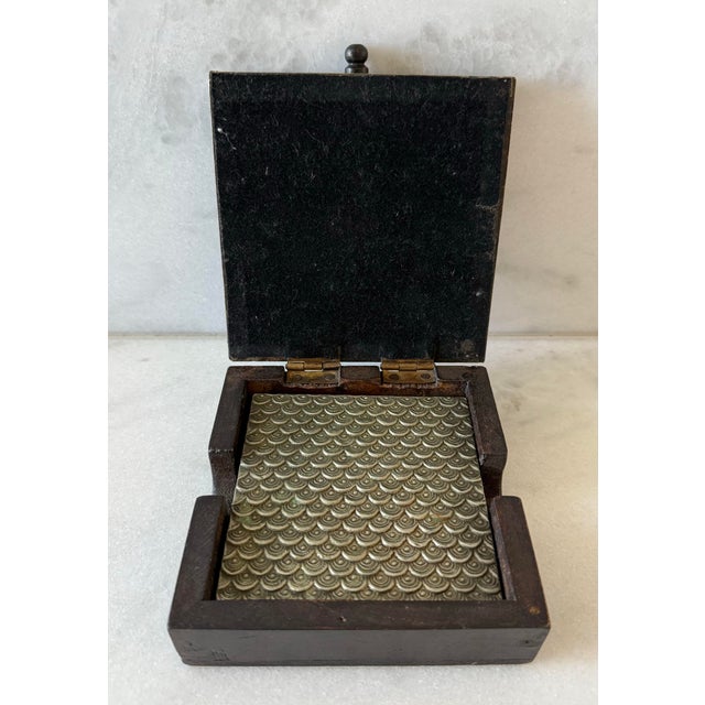 Mid-Century Modern Vintage Metal and Wood Coasters and Storage Box For Sale - Image 3 of 13