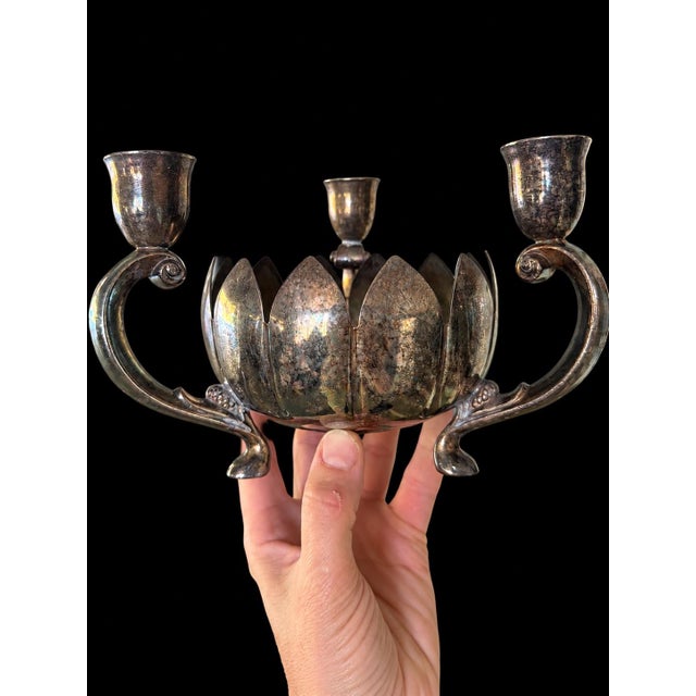 Hollywood Regency Vintage Leonard Silver Plate Lotus Candelabra With Removable Flower Frog For Sale - Image 3 of 6