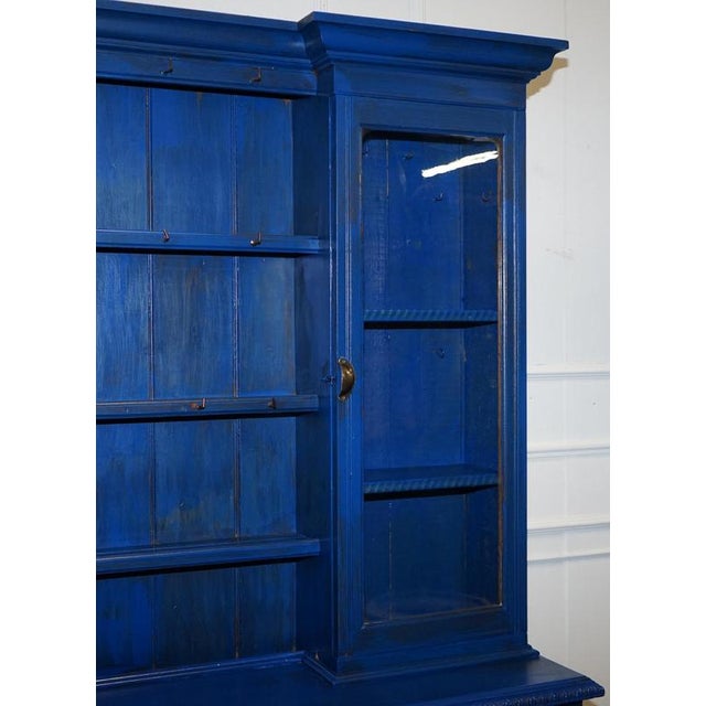 Wood Antique Victorian Vibrant Blue Hand-Painted Kitchen Cupboard For Sale - Image 7 of 18