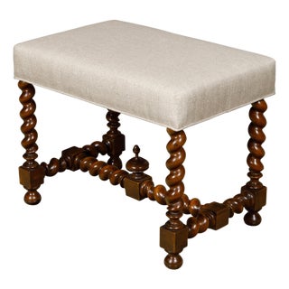 French 19th Century Barley Twist Stool with Finial and Custom Linen Upholstery For Sale