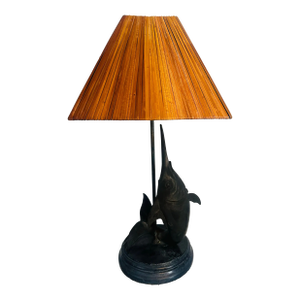 Vintage Bronze Swordfish Lamp With Rattan Shade