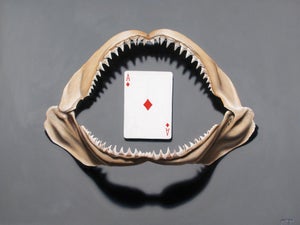 Card Shark by Patrick Nevins | Oil on board Shark jaws with an Ace of Diamonds playing card.