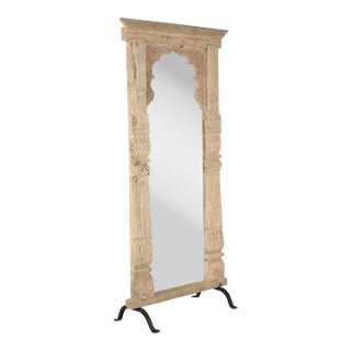 Antique Bleached Teakwood Window Frame Mirror on Iron Legs For Sale