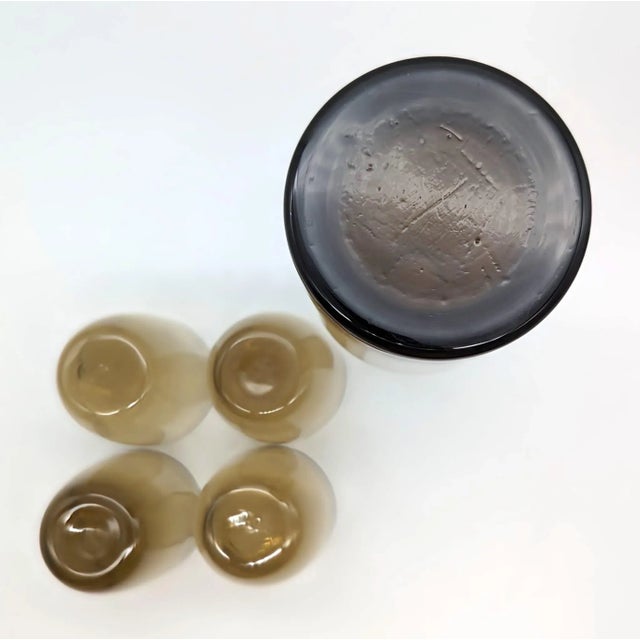 Vintage Scandinavian Smoke Brown Blown Glass Carafe and Tumblers, Set of 5 For Sale - Image 10 of 10