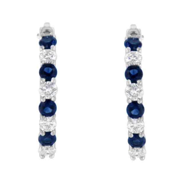 10K White Gold, ½ Cttw Diamond, & ½ Cttw Lab-Grown Blue Sapphire Leverback Hoop Earrings (H-I Color, I1-I2 Clarity) For Sale - Image 4 of 6