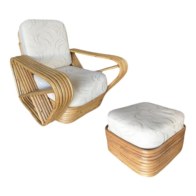 Restored Six-Strand Square Pretzel Rattan Lounge Chair With Ottoman For Sale