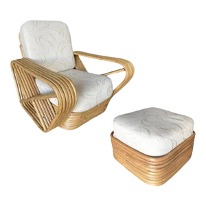 Restored Six-Strand Square Pretzel Rattan Lounge Chair With Ottoman