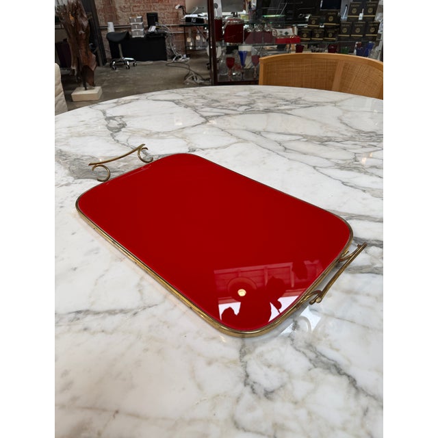 Wood Arlecchino Milano Red Serving Tray With Brass Handles For Sale - Image 7 of 9