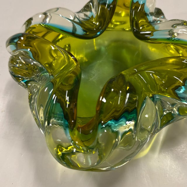 Murano Style Hand Blown Green With Blue Ashtray For Sale - Image 12 of 12