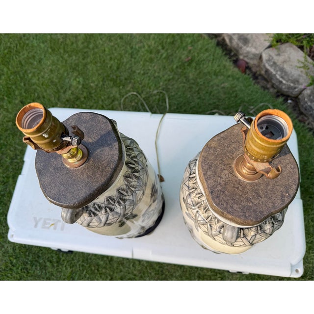 Vintage Oversized Crackle Glaze Art Pottery Urn Lamps, Pair For Sale - Image 11 of 11
