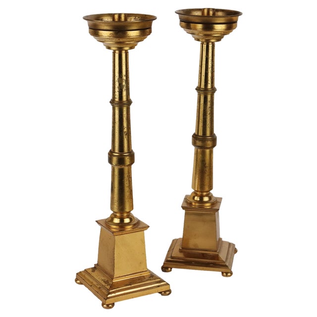 Antique Candleholders with Square Base and Circular Feet in Gilded Bronze, Set of 2 For Sale