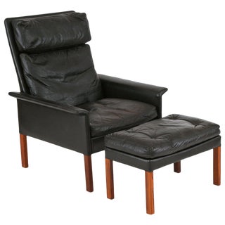 Hans Olsen Leather and Rosewood Lounge Chair and Ottoman For Sale