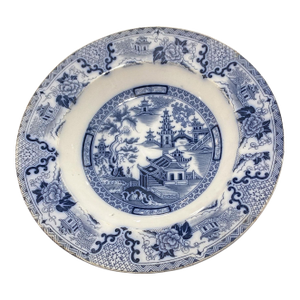 Antique Blue& White Willow Shanghai Ironstone Soup Plate 8.5" D