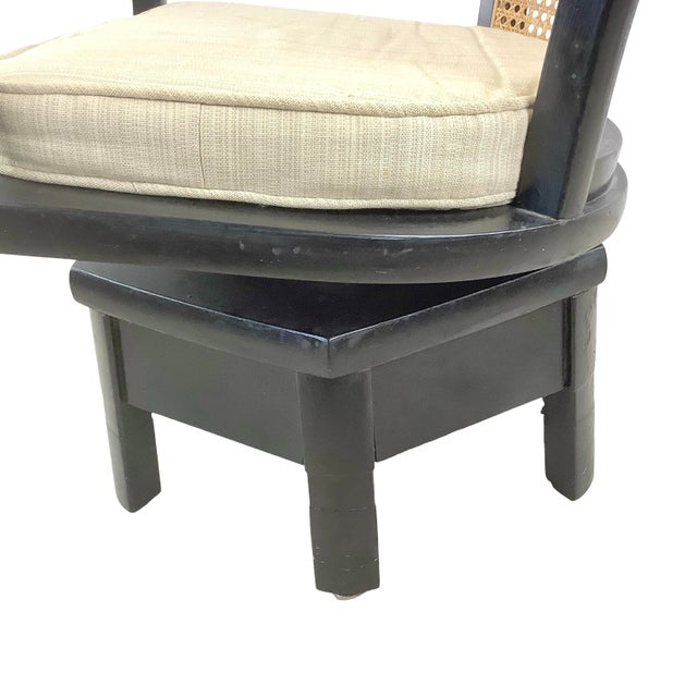 Vintage Hollywood Regency Black Lacquer Swivel Chair With Cane Back For Sale - Image 9 of 18