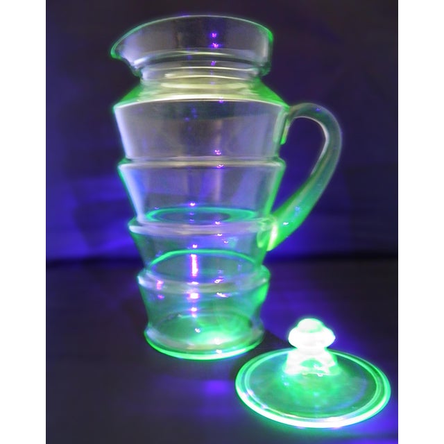 Antique Art Deco Dunbar Green URANIUM Glass Pitcher 6 Tumblers Large 8pc Set A beautiful hard-to-find antique green...