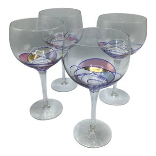 Romanian Cristiro Mosaic Pattern Wine Glasses Hand Blown - Set of 4 For Sale