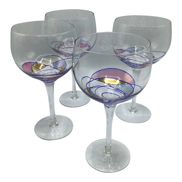 Romanian Cristiro Mosaic Pattern Wine Glasses Hand Blown - Set of 4 For Sale