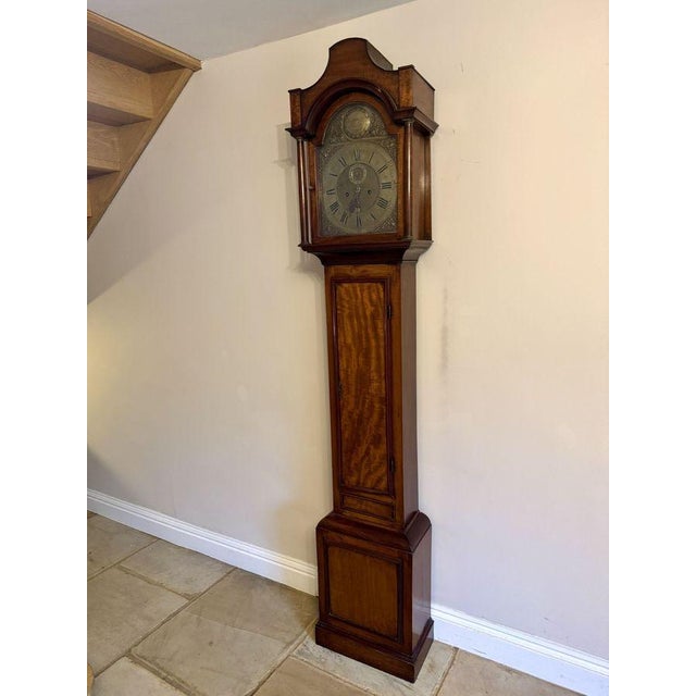 Brown Antique George III Mahogany and Brass Arched Face Long Case Clock, 1800 For Sale - Image 8 of 10