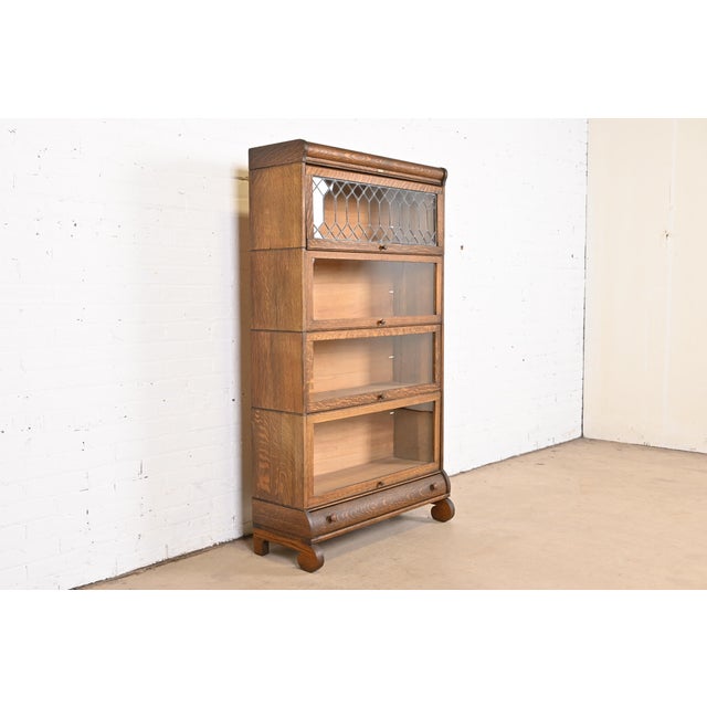 Antique Arts and Crafts Oak Four-Stack Barrister Bookcase With Leaded ...